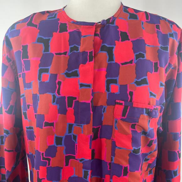 Stefanie Red Purple Silky Abstract Pattern Long Sleeve Retro Jacket Blazer 12 - Picture 4 of 11
